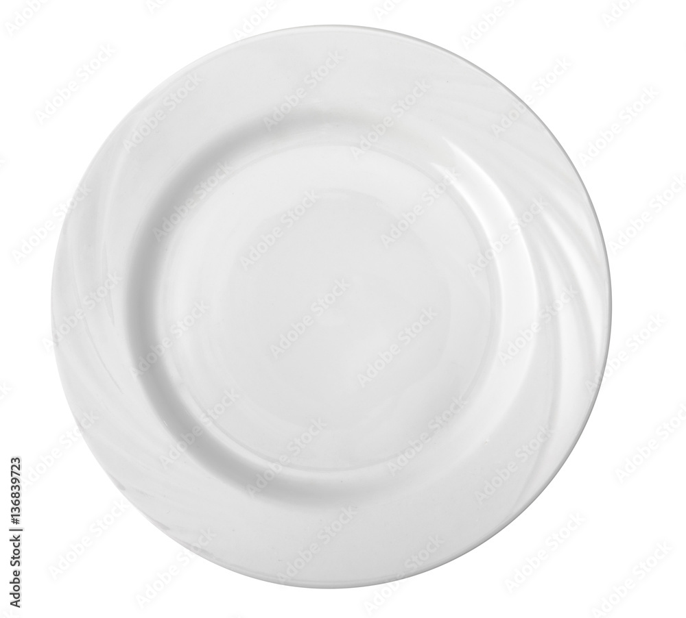 Ceramic, shiny, white plate, isolated on a white background. Top Ceramic, shiny, white plate, isolated on a white background. Top