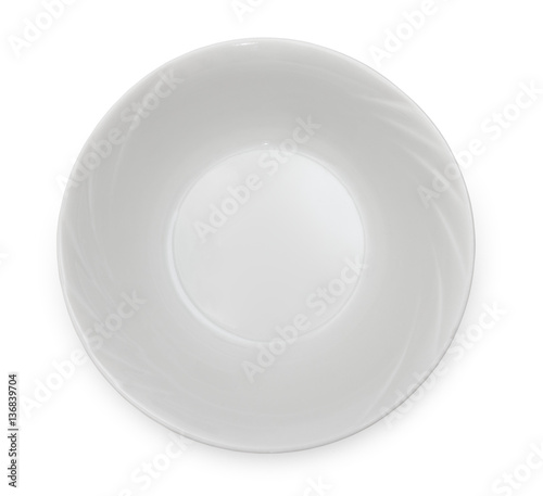 Empty ceramic bowl isolated on white background. Close up, top v