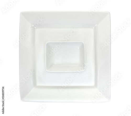 Rectangular ramekin on a white square plate top view