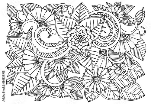 Doodle floral pattern in black and white. Page for coloring book