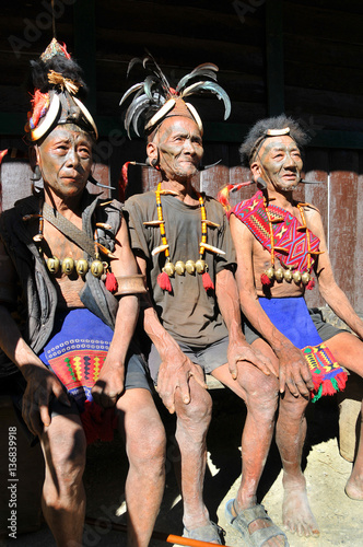 Warriors from the tribe of Konyak headhunters in the Nagaland state  India  