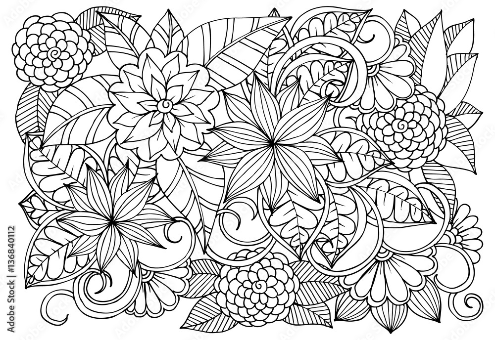 Doodle floral pattern in black and white. Page for coloring book Doodle floral pattern in black and white. Page for coloring book
