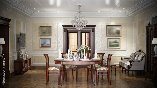 Luxury living room interior design in classic style. 3d renderin
