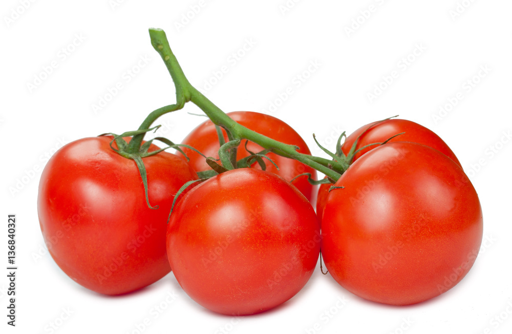 Branch of red tomatoes, isolated on white background, close-up. Branch of red tomatoes, isolated on white background, close-up.