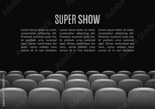 Movie theater with row of red seats. Premiere event template. Super Show design. Presentation concept with place for text