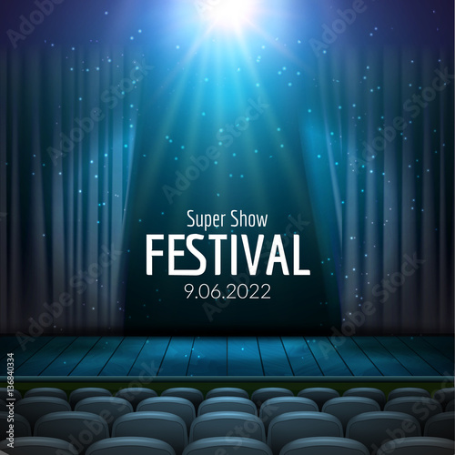 Vector Festive design with lights and wooden scene and seats. Poster for concert, party, theater, dance template. Wooden Stage with Curtains. Poster Template with Lights.
