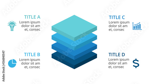 Vector squares 3D infographic, layers diagram chart, graph presentation. Business concept with 4 options, parts, steps, processes. 16x9 slide template. photo