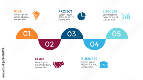 Vector arrows timeline infographic, diagram chart, graph presentation. Business concept with 5 semicircles options, parts, steps, processes. 5 time periods and points. 16x9 slide template.