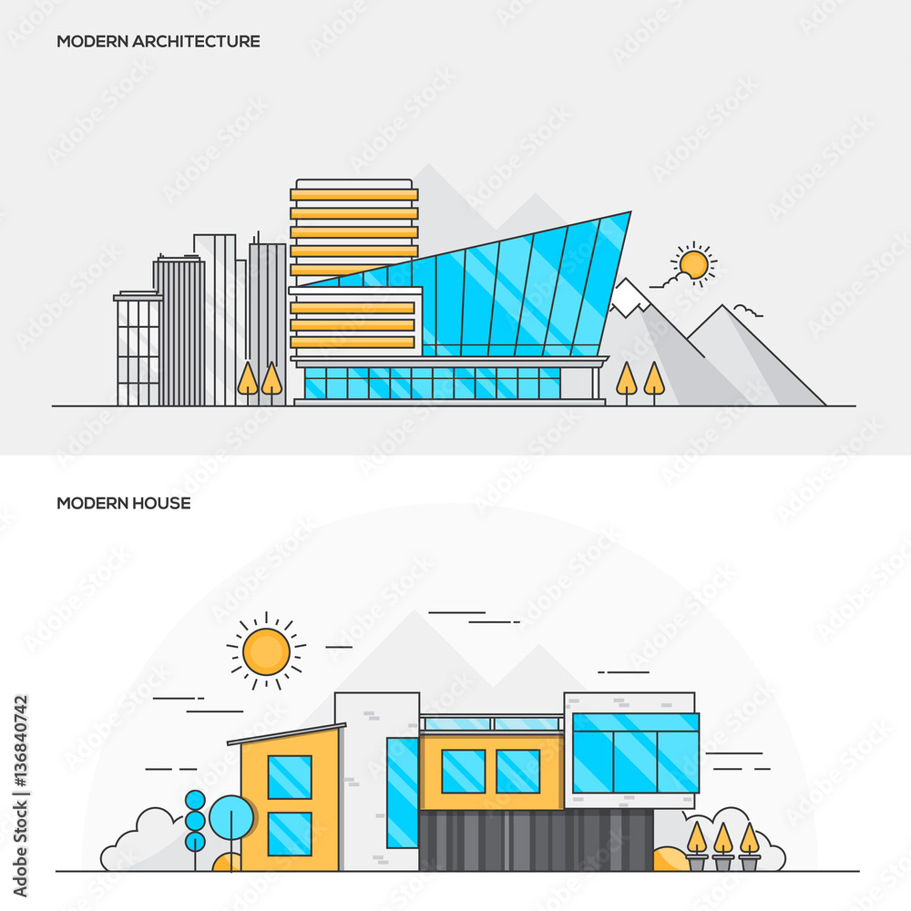 Flat line color concept- Modern Architecture and Modern House