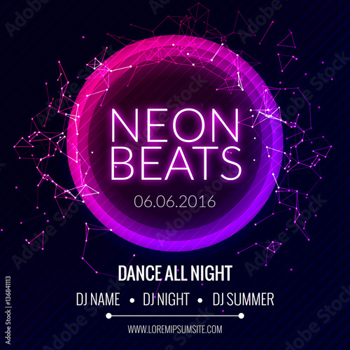 Modern Club Music Neon Beats Party Template, Dance Party Flyer, brochure. Night Party Club Banner Poster.