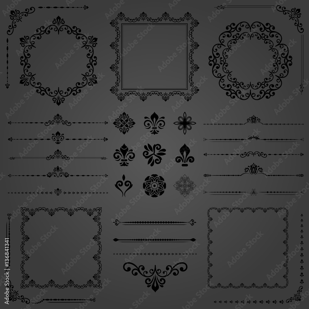Vintage set of vector horizontal, square and round elements. Different elements for decoration and design frames, cards, menus, backgrounds and monograms. Classic patterns. Set of vintage patterns