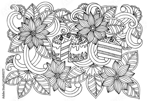 Doodle drawing of sweets and flowers. Vector image of a very tas