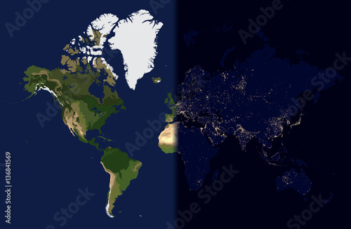 Night in the east, Day in the West, World map vector illustration