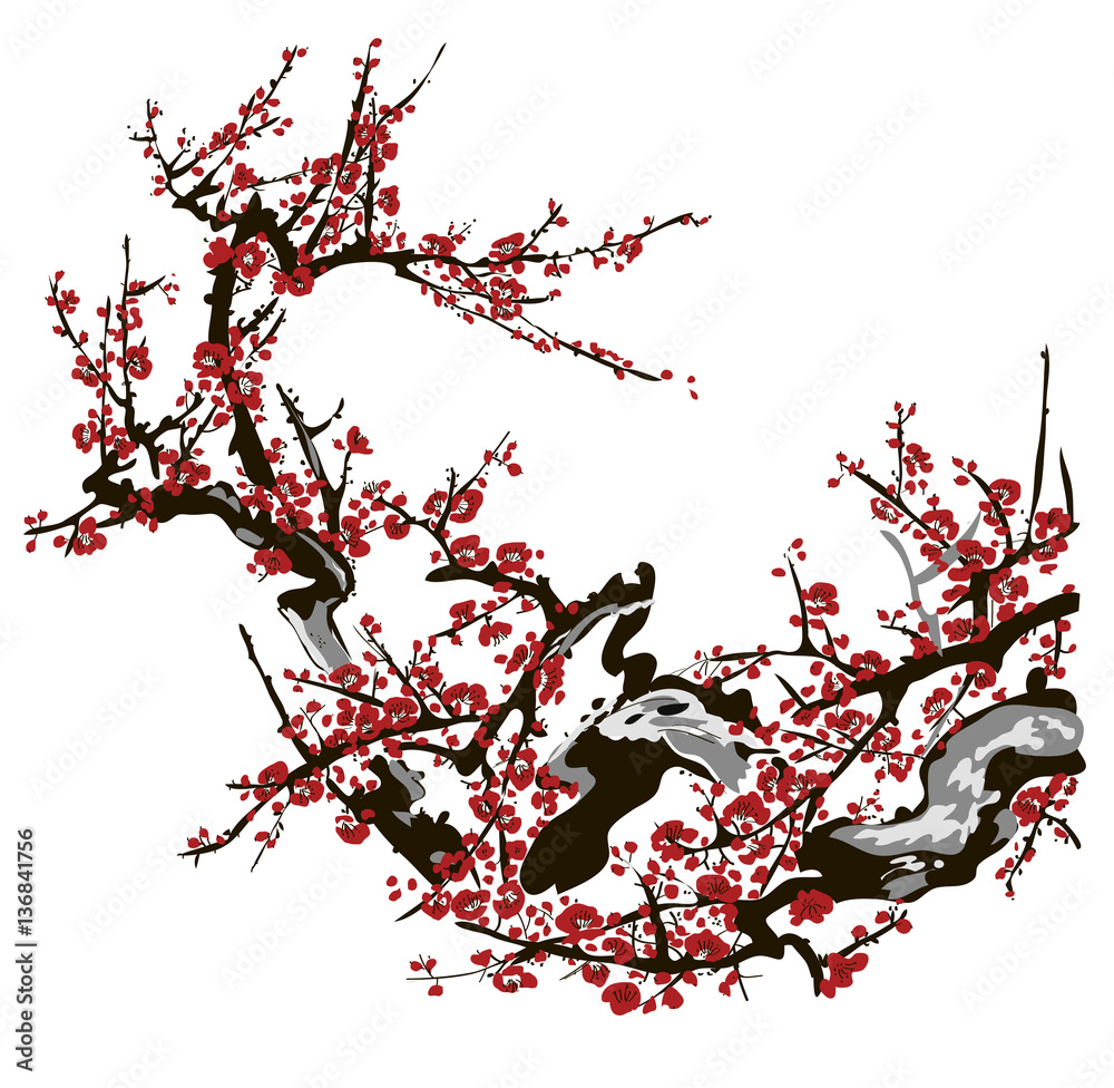 Obraz premium Realistic Sakura Blossom - Japanese Cherry Tree. Artistic Branch Plum Blossom.