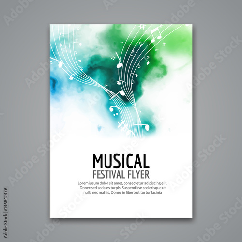 Colorful vector music festival concert template flyer. Musical flyer design poster with notes