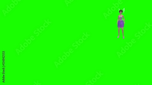 Little fairy flies from afar, says and flies away on a green background