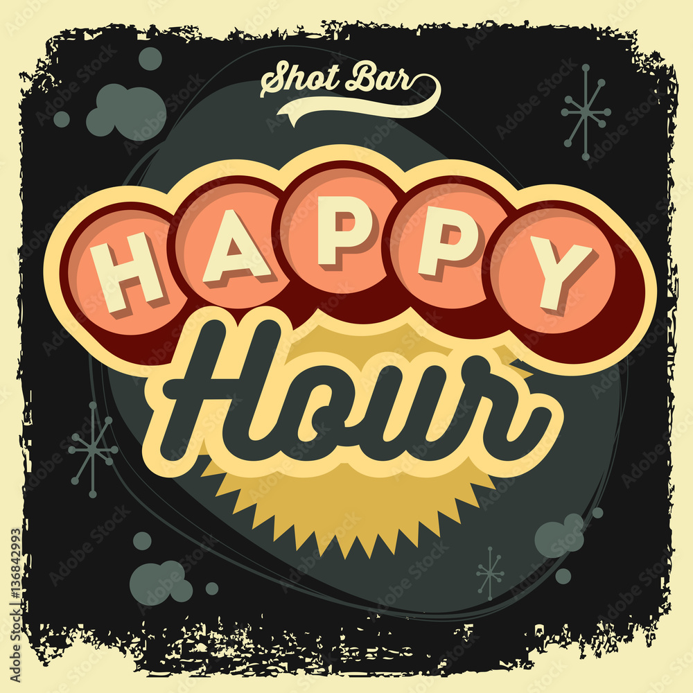 Happy Hour New Age 50s Vintage Label Poster Sign Design With Ret