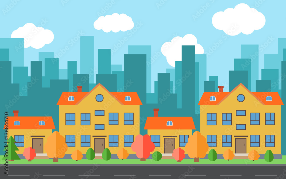 Vector city with four cartoon houses and buildings. City space with road on flat style background concept. Summer urban landscape. Street view with cityscape on a background
