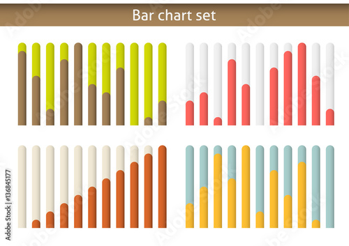 4 colorul bar chart graph set, eash diagram isolated on white, each bar is devided into 10 positions in multiples of ten - from zero to hundred