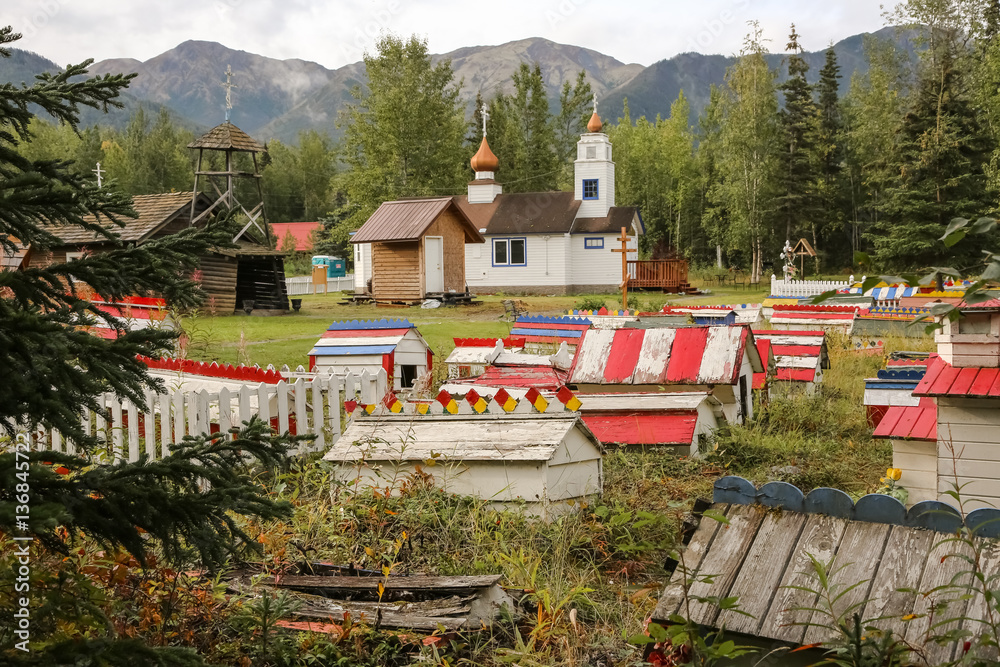 Russianorthodox Eklutna Cemetery with its colorful graves and spirit houses, Alaska Stock Photo