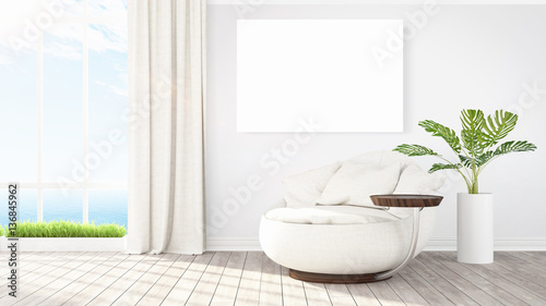 Modern bright interior with empty frame . 3D rendering © Roman King