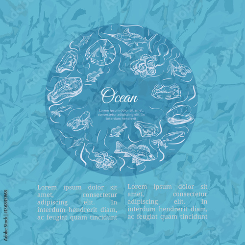 Seafood concept. Template with fish silhouettes for menu or brochure. Vector illustration