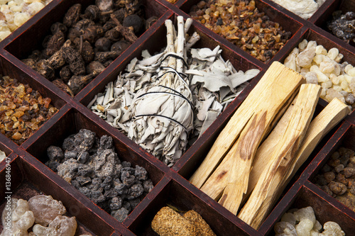 Various kinds of incense: myrrh, frankincense, messer, copaiba, elemi camonya, palo santo, salvia apiana,gowe -thiouraye, borena photo