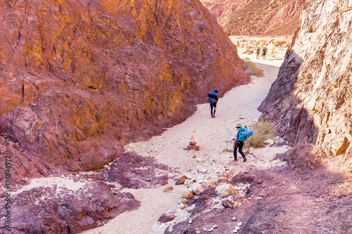 Group people hiking walking stone desert trail backpacking travel.