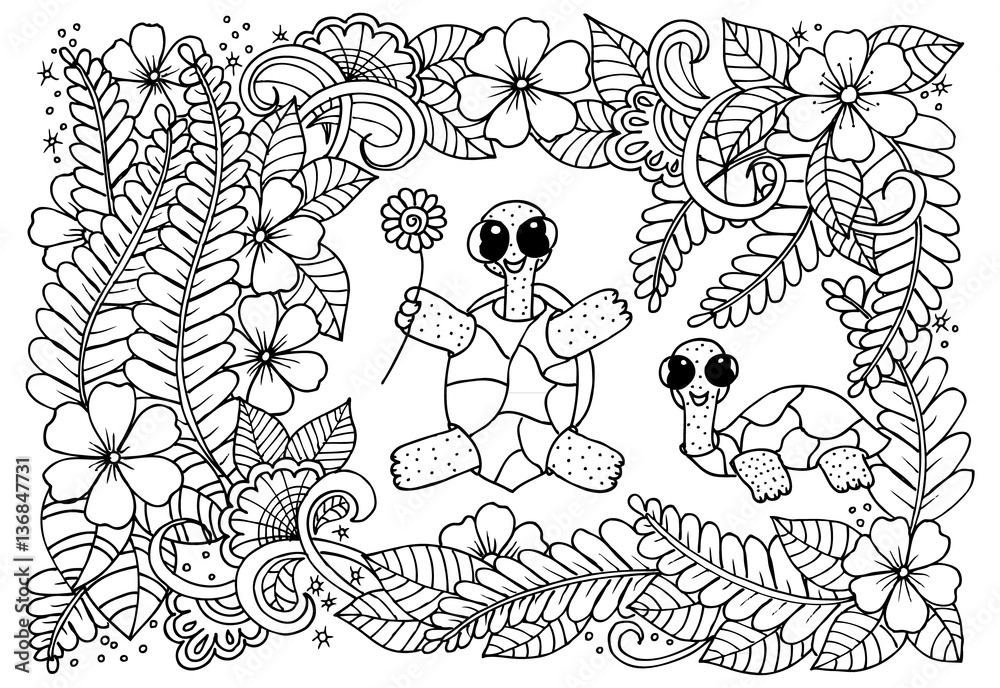 Naklejka premium Two smiling turtles and doodle flowers around them for coloring