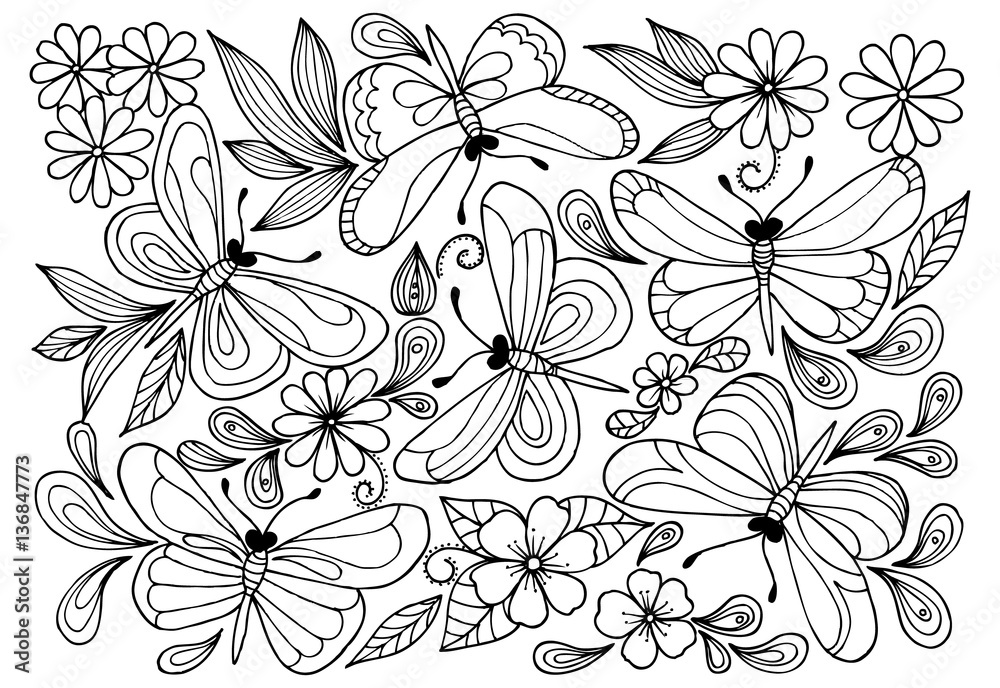 Vector butterflies anf doodle flowers for coloring book.