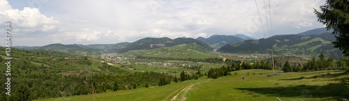 panorama of mountain landscape with green forest and grass