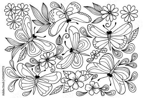 Vector butterflies anf doodle flowers for coloring book.