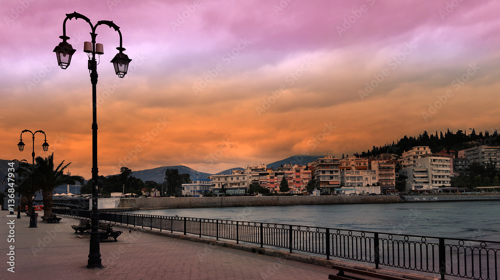 The city of Chalkida, Evia, Greece with dramatic sky