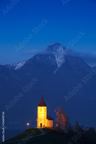 Church on the hill at sunset at Jamnik