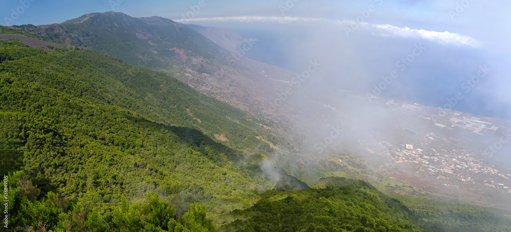 El Hierro - View down into the El Golfo valley from Mirador de Jinama and the Mirador de Izique on El Hierro, Canary Islands, Spain. El Hierro - View down into the El Golfo valley from Mirador de Jinama and the Mirador de Izique on El Hierro, Canary Islands, Spain.