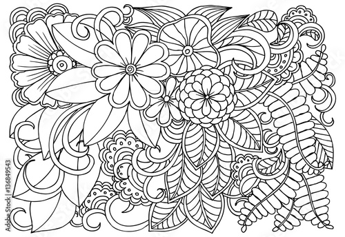 Doodle floral pattern in black and white. Page for coloring book