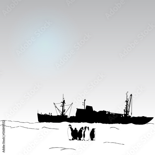 Vector antarctica background with  penguin and science ship © irina
