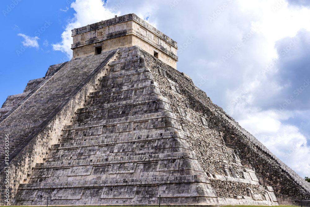 Closeup of Temple of Kukulkan Pyramid (El Castillo) in Chichen Itza ruins, one of the Seven Wonders of the World and UNESCO World Heritage Site