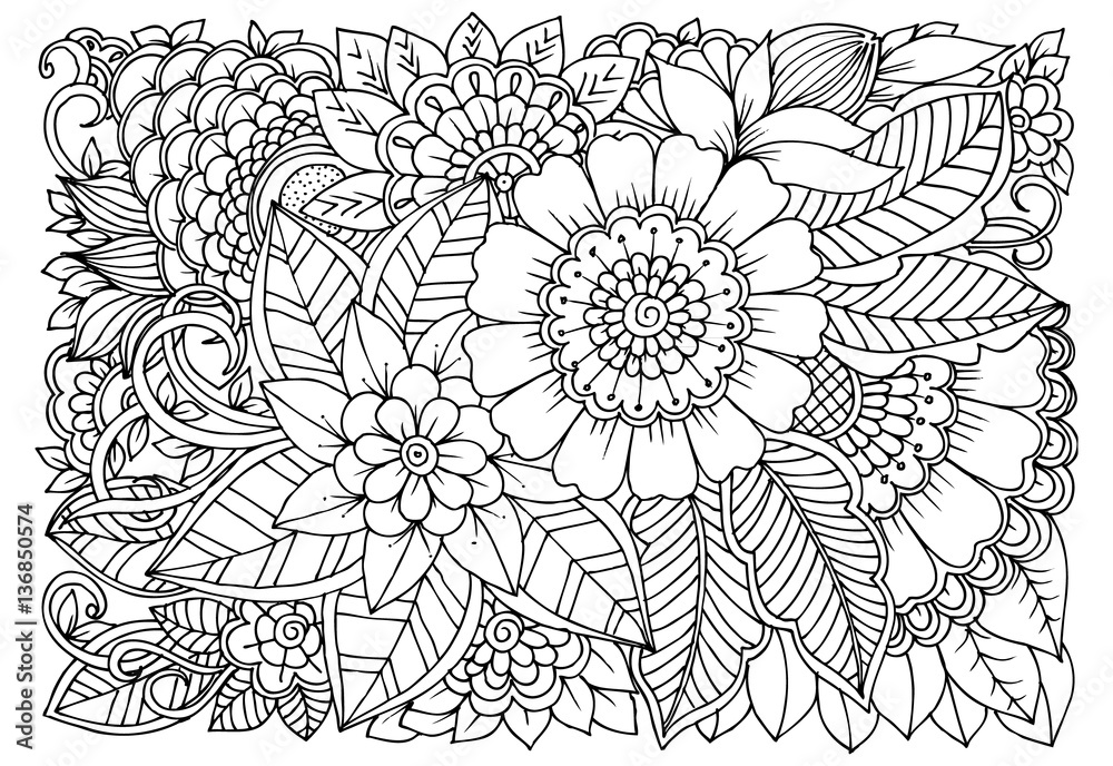 Doodle floral pattern in black and white. Page for coloring book Stock ...