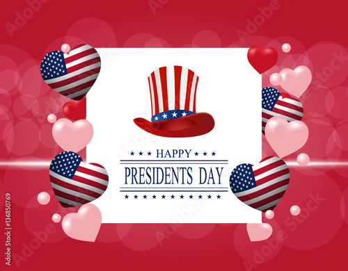 Presidents' Day. Greeting card. The inscription with the wishes of happiness. Stylized hat and hearts in the colors of the flag. illustration
