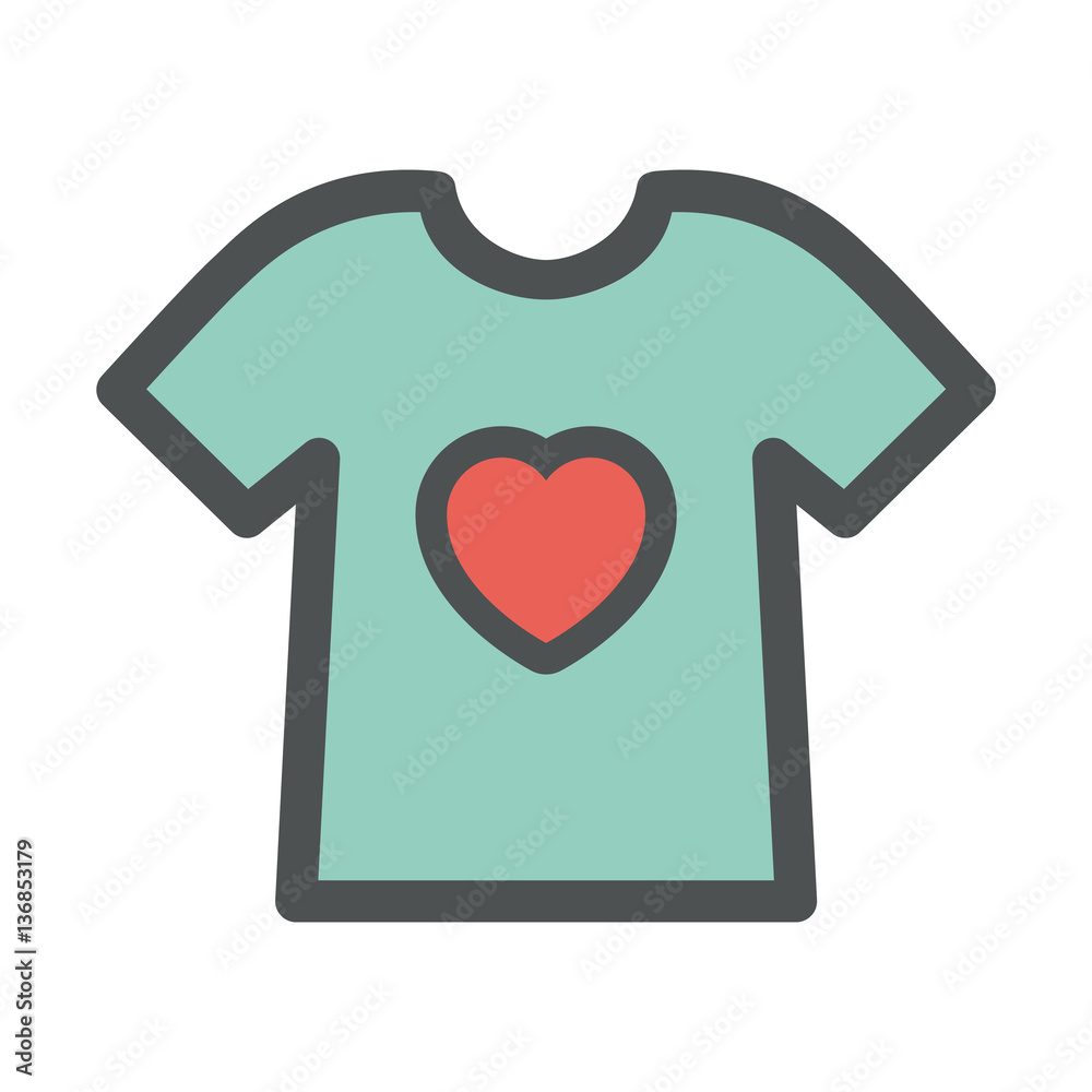 Icono plano camiseta con corazon color en fondo blanco