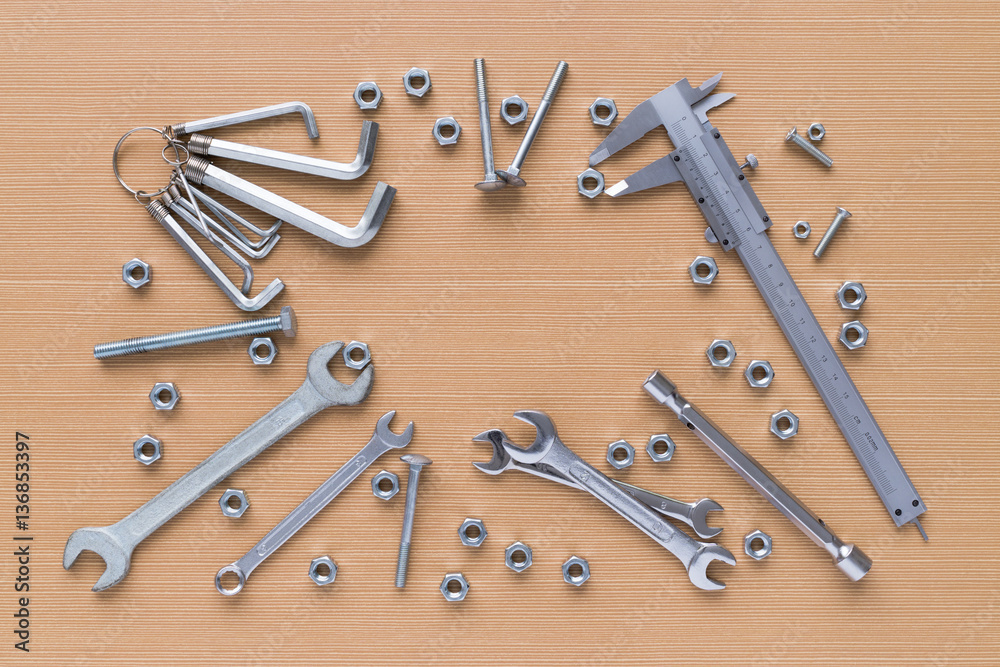 Set of tools on wooden background Set of tools on wooden background