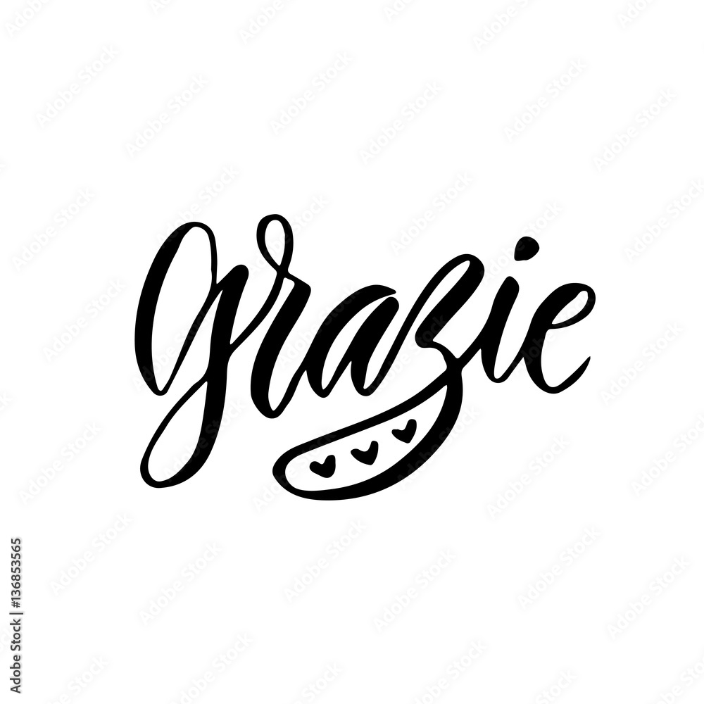 Grazie thank you in Italian. Inspirational. Lettering poster or banner. Vector hand lettering Grazie thank you in Italian. Inspirational. Lettering poster or banner. Vector hand lettering