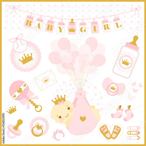 Baby girl shower vector set of design elements. Pink and golden cute collection princess vector Images