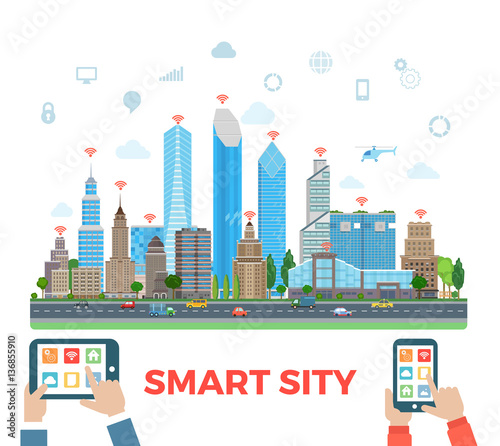 Flat Urban skyscraper tablet smartphone vector Smart city