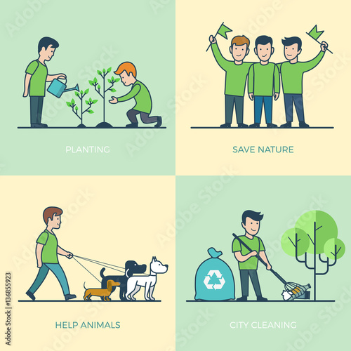 Linear Flat volunteer to disabled people vector Dog walking, babysitting Volunteering concept.