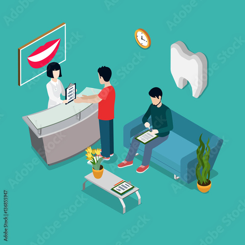 Flat isometric 3d Health dental medical clinic interior vector.