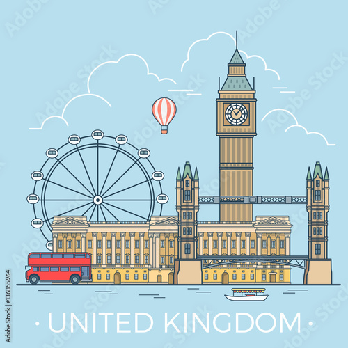 World travel in United Kingdom. Linear Flat vector template.