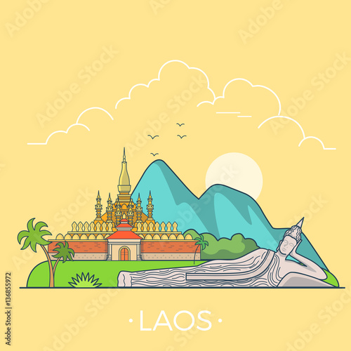 World travel in Laos. Asia Linear Flat vector.