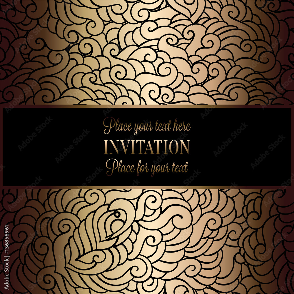 Abstract background with antique, luxury black and gold vintage frame, victorian banner, damask floral wallpaper ornaments, invitation card, baroque style booklet, fashion pattern, template for design